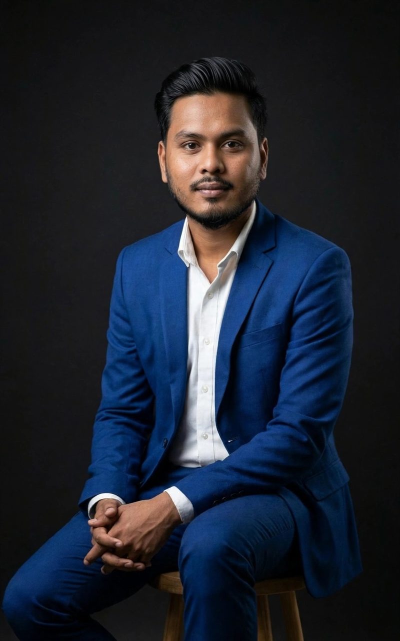 Mumin Ahmed seated in a blue suit